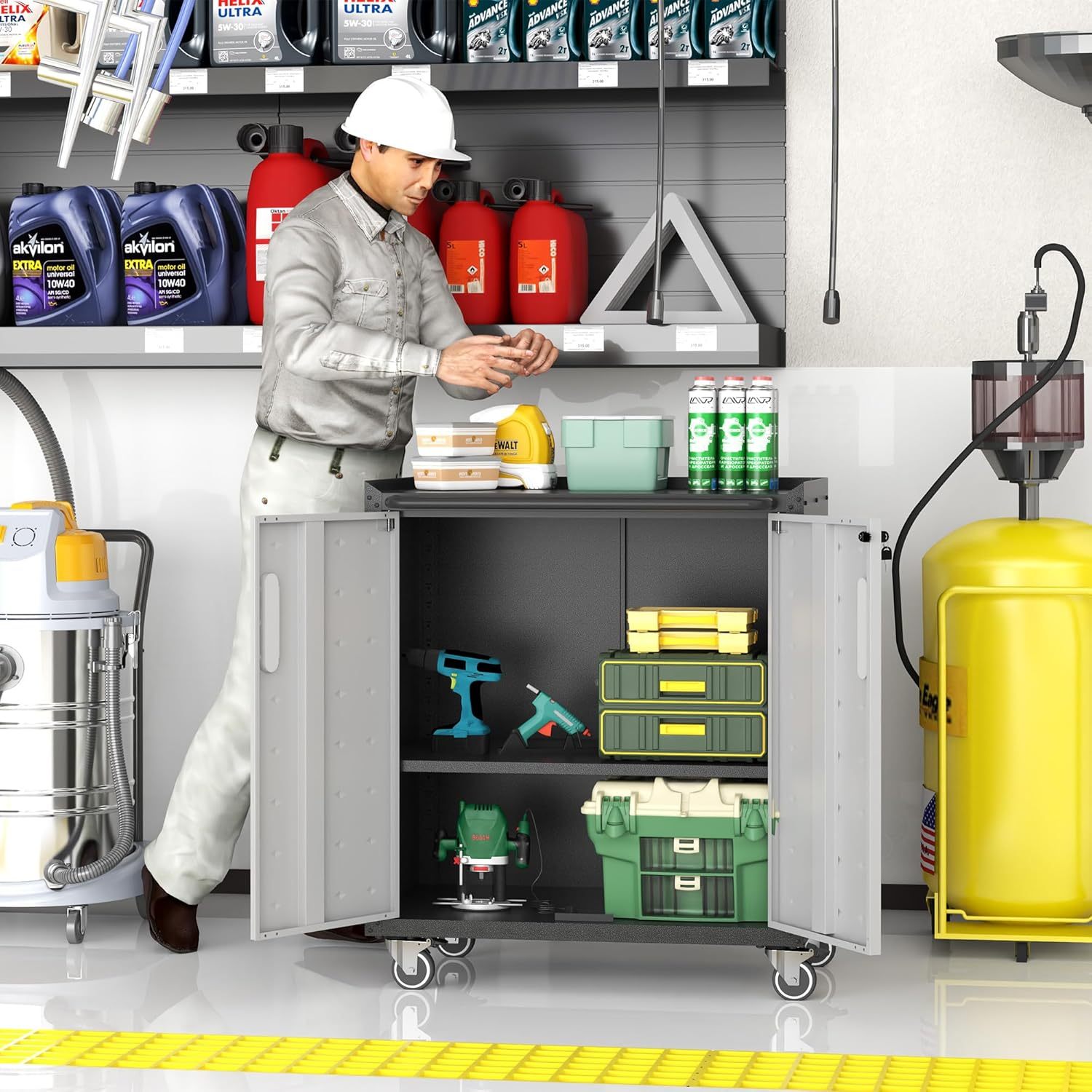 BIZOEIRON - clóset de almacenamiento de metal con ruedas, clóset de cochera con 1 puerta y 4 cajones, almacenamiento de herramientas rodantes, requiere montaje, color negro