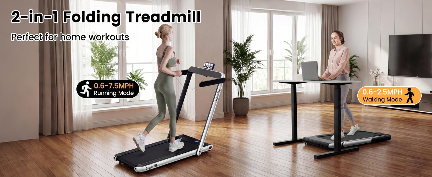 COSTWAY 2-in-1 Treadmill, 7.5 MPH Foldable Walking Pad with Smart App & Remote Control, Bluetooth LED Monitor, Small Spaces Compact Running Machine, Folding Portable Under Desk Treadmill for Home Office