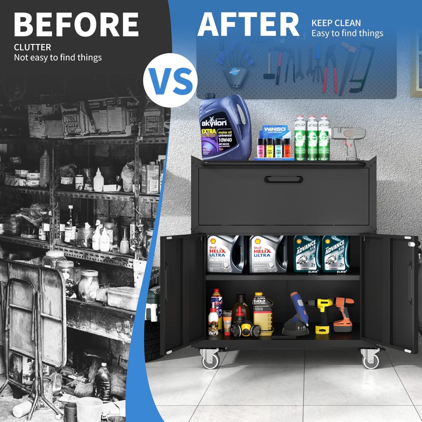 BIZOEIRON - clóset de almacenamiento de metal con ruedas, clóset de cochera con 1 puerta y 4 cajones, almacenamiento de herramientas rodantes, requiere montaje, color negro