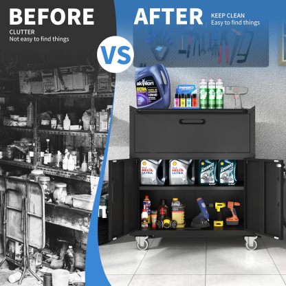 BIZOEIRON - clóset de almacenamiento de metal con ruedas, clóset de cochera con 1 puerta y 4 cajones, almacenamiento de herramientas rodantes, requiere montaje, color negro