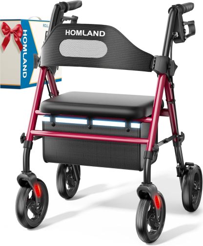HOMLAND - Caminadores plegables con asiento para personas mayores, ruedas grandes de 8 pulgadas, 350 libras. Capacidad de peso, asas ajustables y altura del asiento, ligero caminante, color azul
