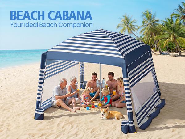 Beach Cabana, 8 * 8FT Beach Tent UPF50+ Protection, Easy Setup Beach Canopy Wind Resistant ,Compact Beach Shade Foldable Beach Tent Sun Shelter, Blue White，For Vacations,Summer Outdoor Beach Camping, Family&Friends