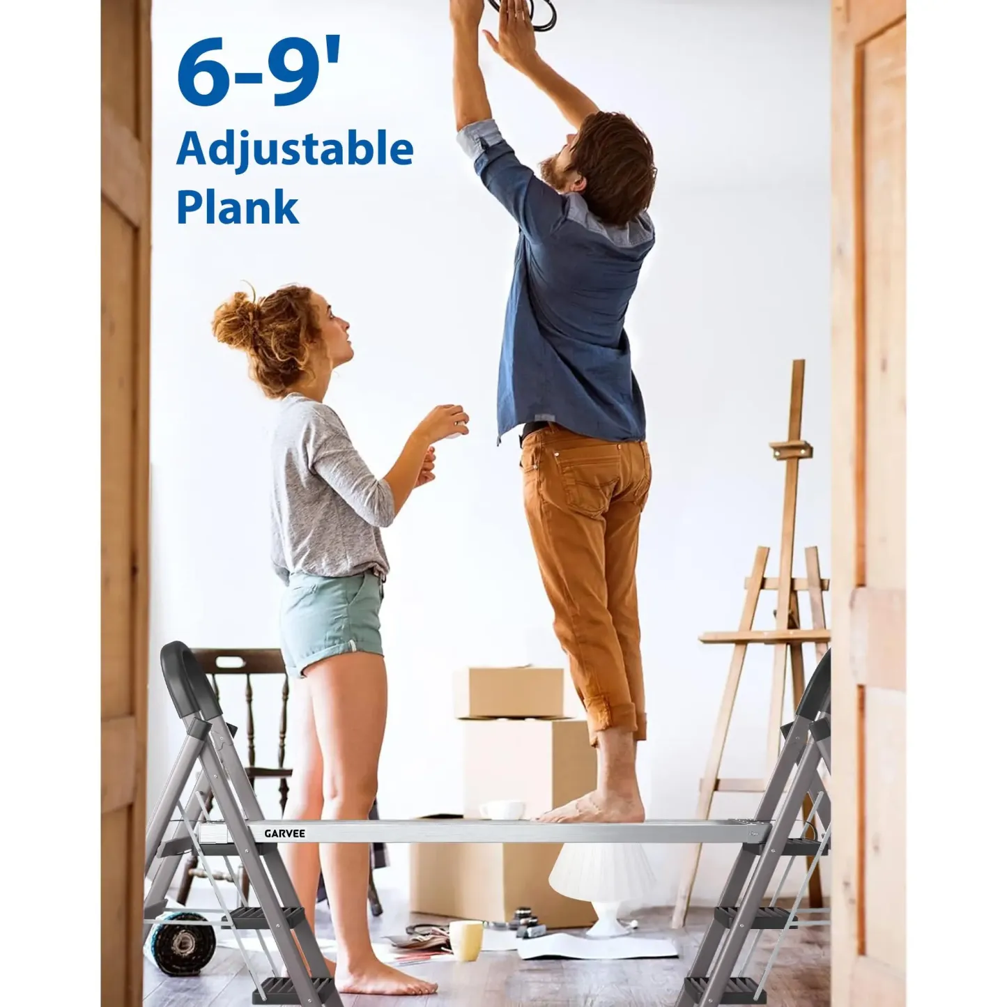 Plataforma de andamio telescópica de 6 a 9 pies, plataforma de trabajo ajustable de aluminio con superficie antideslizante y correas de seguridad, plataforma de escalera resistente para proyectos de construcción y del hogar.