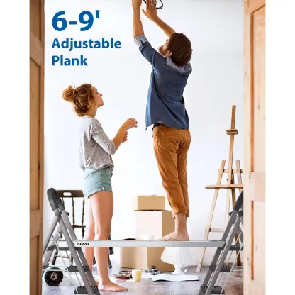 Plataforma de andamio telescópica de 6 a 9 pies, plataforma de trabajo ajustable de aluminio con superficie antideslizante y correas de seguridad, plataforma de escalera resistente para proyectos de construcción y del hogar.