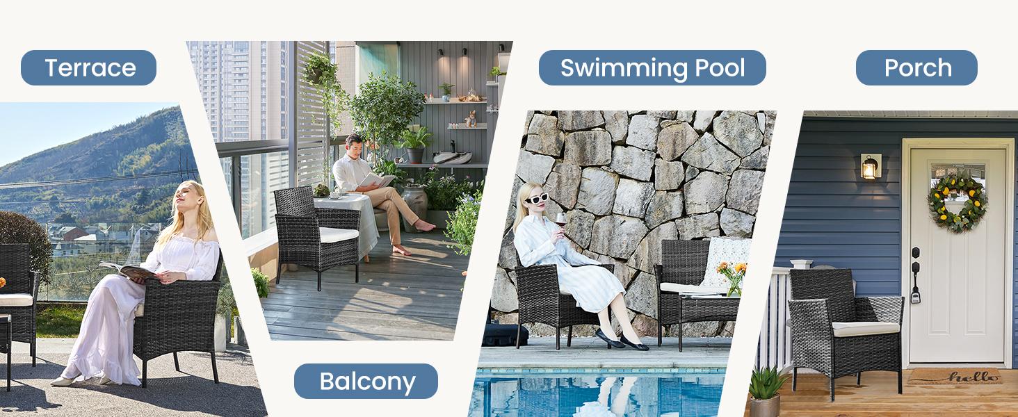 【Deals for you】3-Piece/4-Piece Patio Furniture Set, Wicker Outdoor PE Rattan Furniture with Coffee Table & Washable Cushion, Compact Bistro Conversation Seating for Balcony, Garden, Poolside