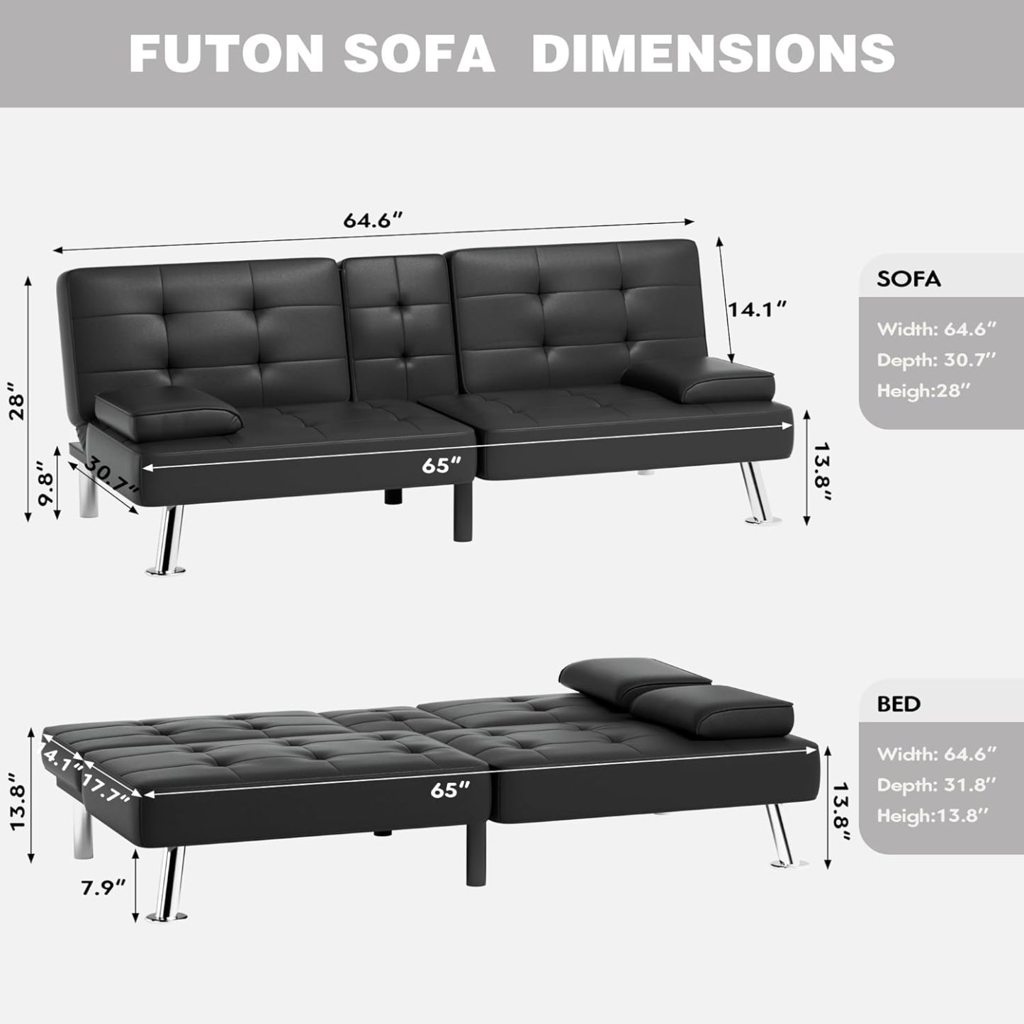 JUMMICO - Sofá cama plegable de piel sintética tapizada moderna y convertible con reposabrazos extraíbles, sofá reclinable ajustable con 2 portavasos para sala de estar (piel, café)