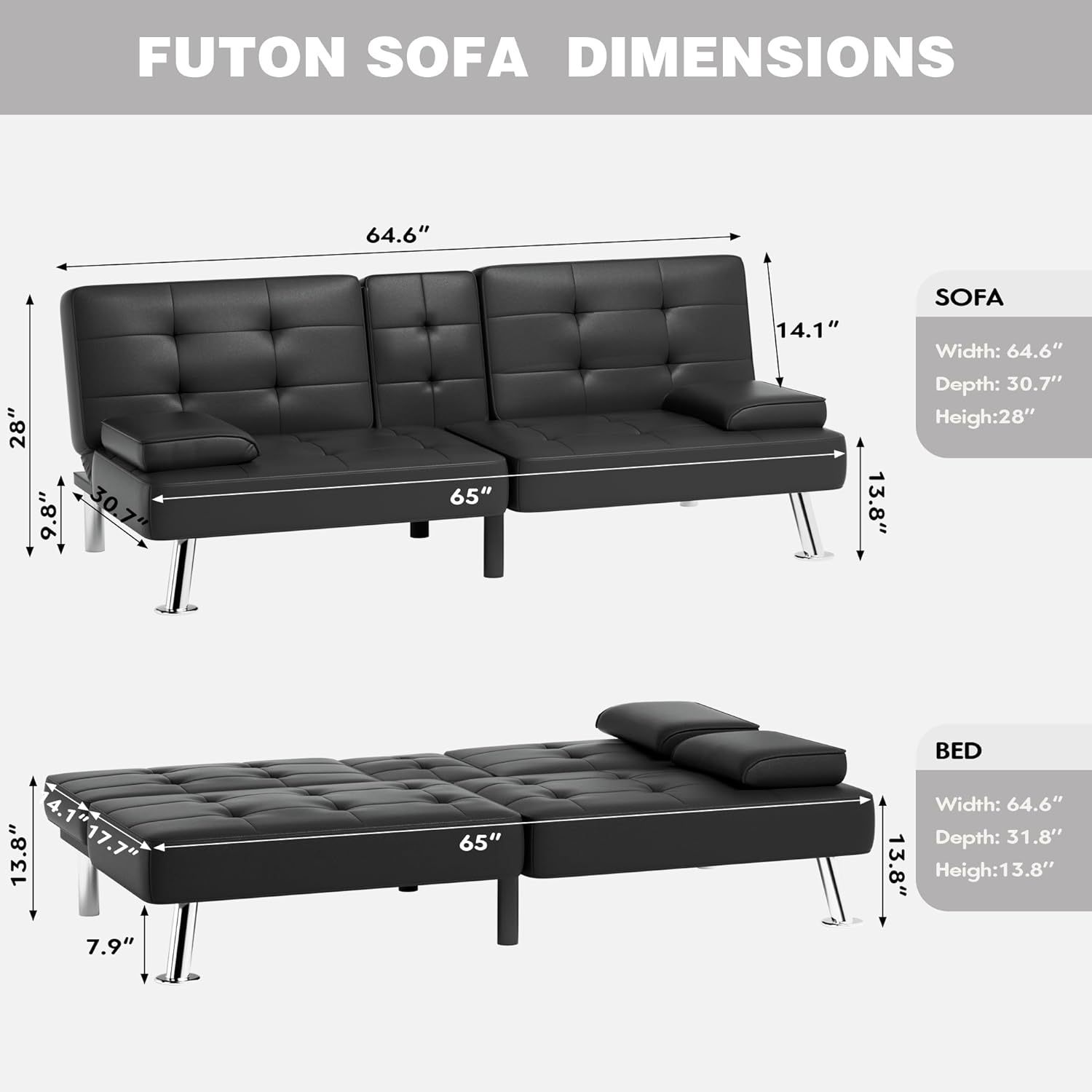 JUMMICO - Sofá cama plegable de piel sintética tapizada moderna y convertible con reposabrazos extraíbles, sofá reclinable ajustable con 2 portavasos para sala de estar (piel, café)