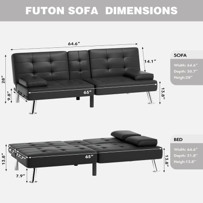 JUMMICO - Sofá cama plegable de piel sintética tapizada moderna y convertible con reposabrazos extraíbles, sofá reclinable ajustable con 2 portavasos para sala de estar (piel, café)