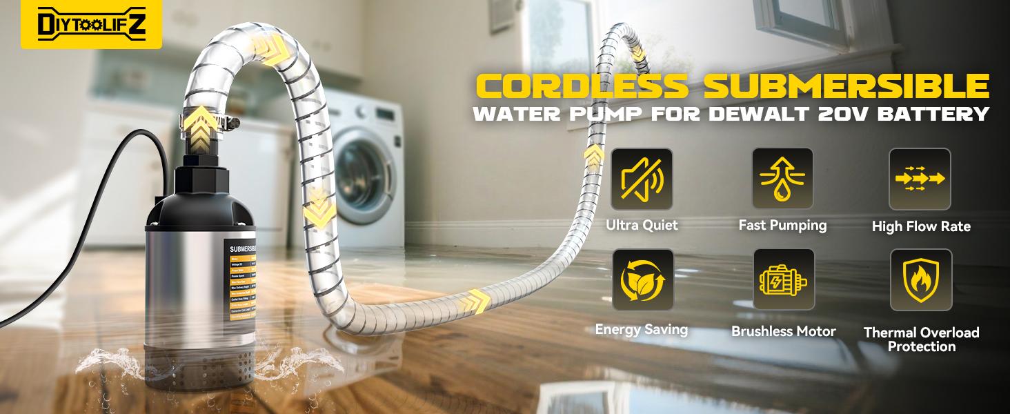 Cordless Submersible Water Pump Compatible with DeWalt 20V Battery(NO BATTERY!!), 1268GPH High Flow Sump Pump with 6.5ft Hose, for Swimming Pool Garden Draining fathers day gift