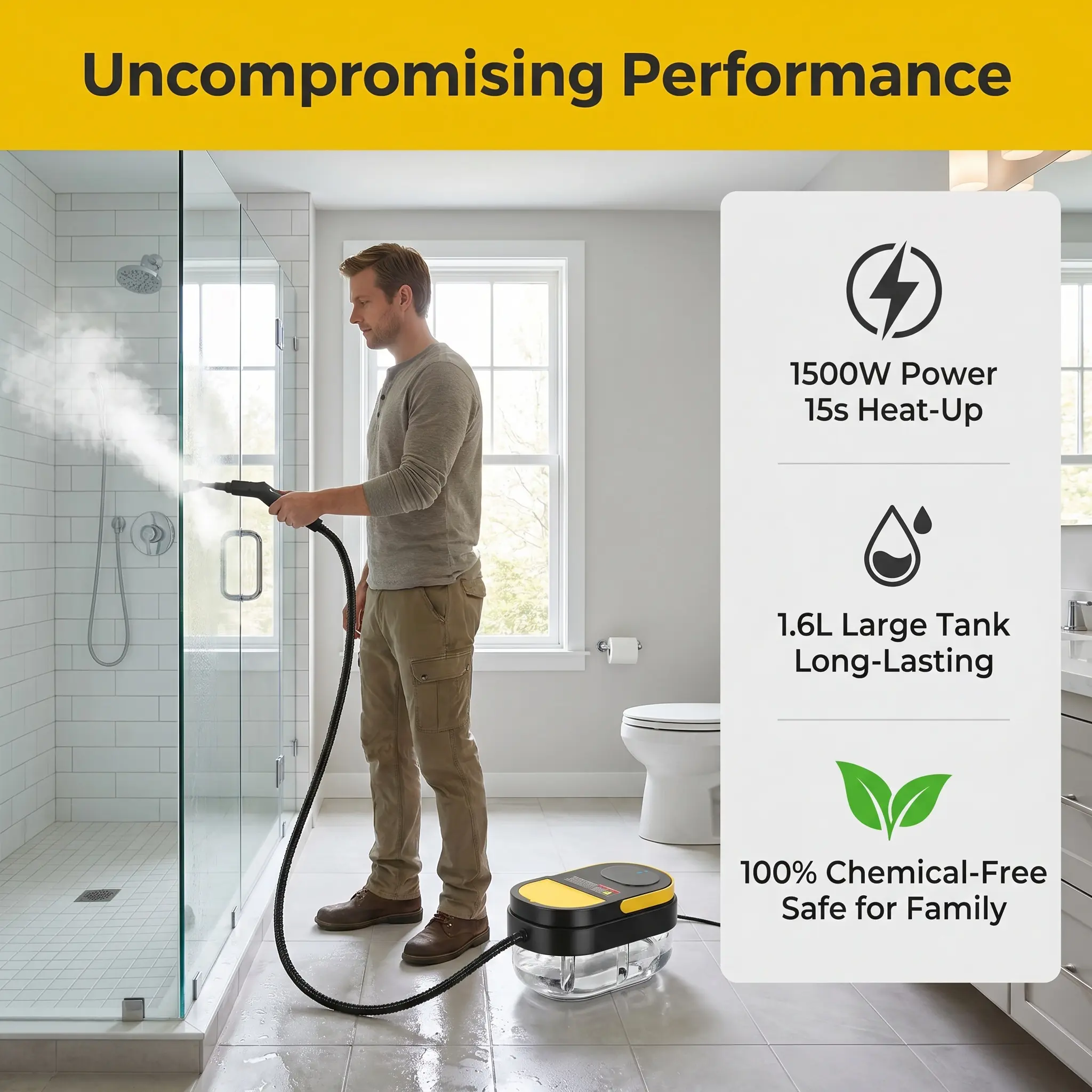 Limpiador a vapor multiusos con mango ajustable de 3 niveles, sistema de calentamiento rápido, depósito de agua grande de 1,7 litros, limpiador a vapor portátil con kit de accesorios de 15 piezas para suelos, azulejos, juntas, cocina, baño, interior del c