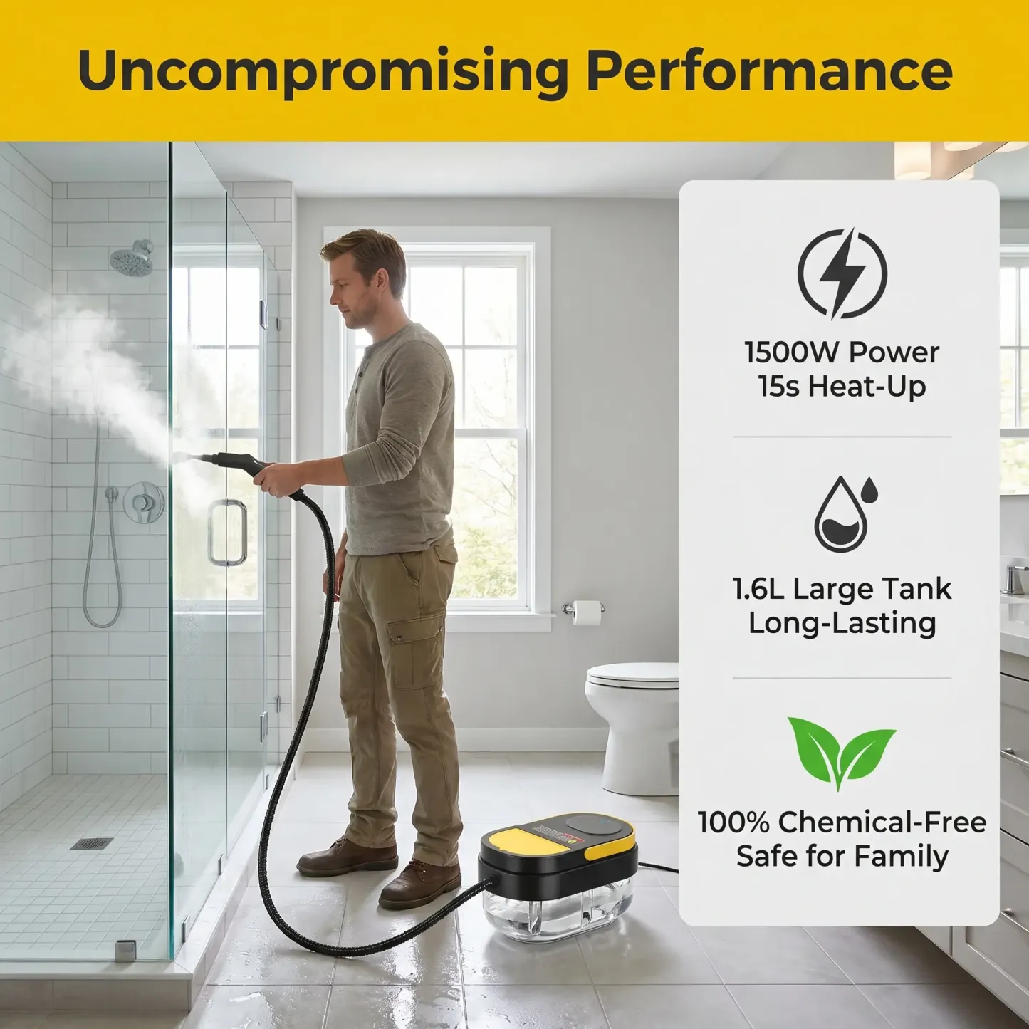 Limpiador a vapor multiusos con mango ajustable de 3 niveles, sistema de calentamiento rápido, depósito de agua grande de 1,7 litros, limpiador a vapor portátil con kit de accesorios de 15 piezas para suelos, azulejos, juntas, cocina, baño, interior del c