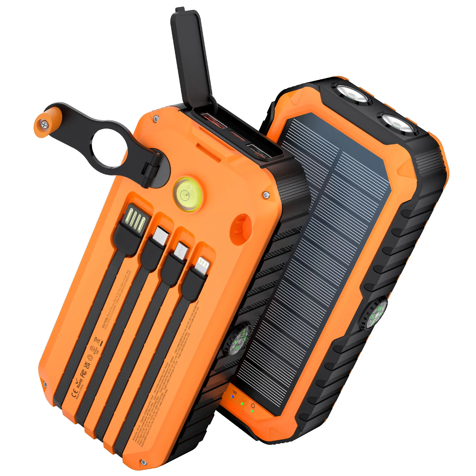 Batería externa Diamuar Solar Charger Power Bank de 40000 mAh con 4 cables y manivela integrados, cargador portátil de 22,5 W de carga rápida con 6 salidas y 4 entradas, linterna brillante y brújula.