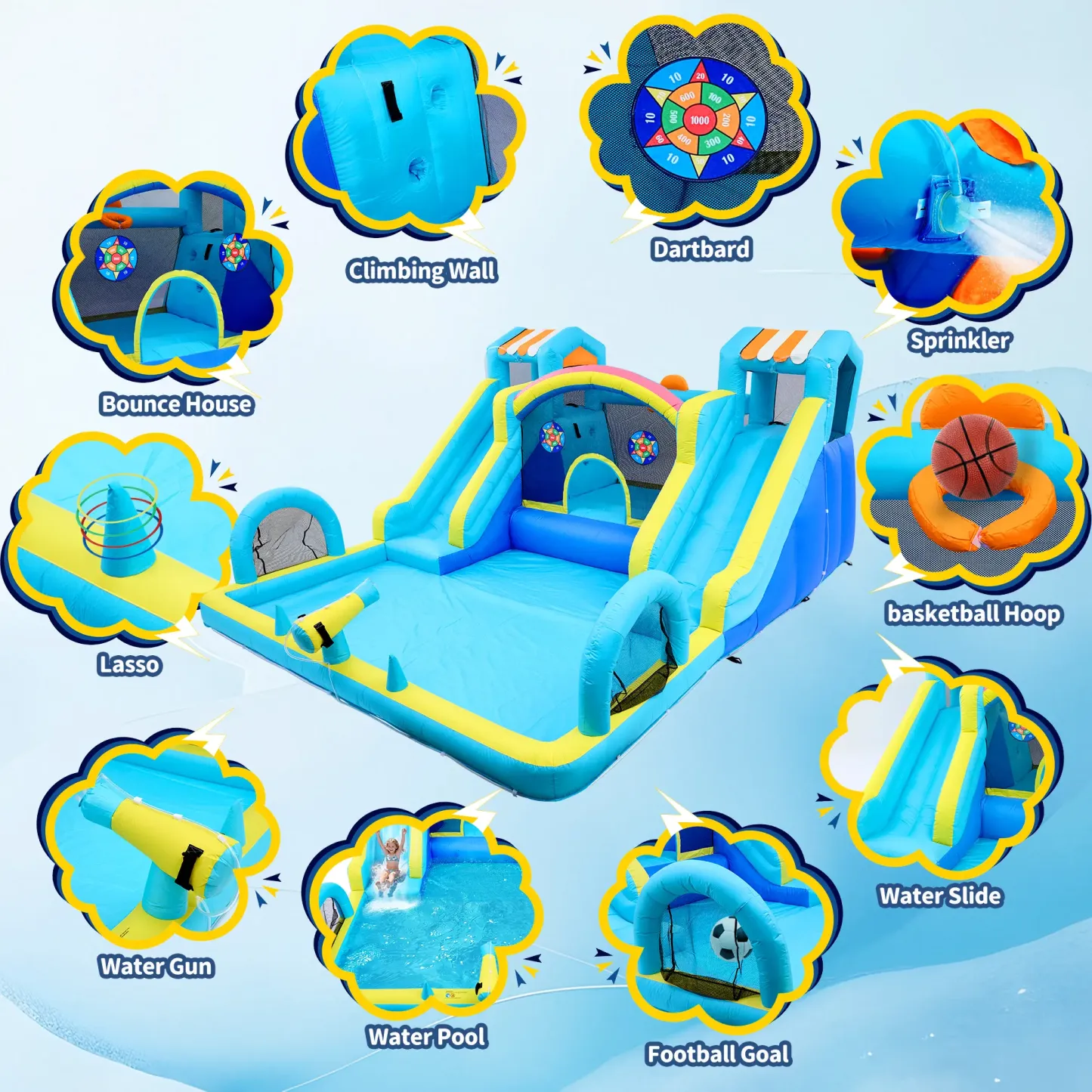 Tobogán acuático inflable con zona de saltos para niños: parque acuático y castillo hinchable de 15 x 12 pies para el jardín, con doble tobogán, piscina de chapoteo, canasta de baloncesto y soplador de alta resistencia; juguete de verano para exteriores.