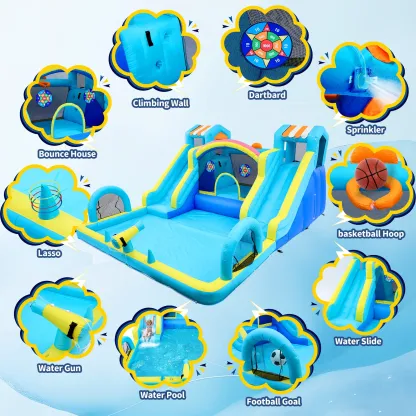 Tobogán acuático inflable con zona de saltos para niños: parque acuático y castillo hinchable de 15 x 12 pies para el jardín, con doble tobogán, piscina de chapoteo, canasta de baloncesto y soplador de alta resistencia; juguete de verano para exteriores.