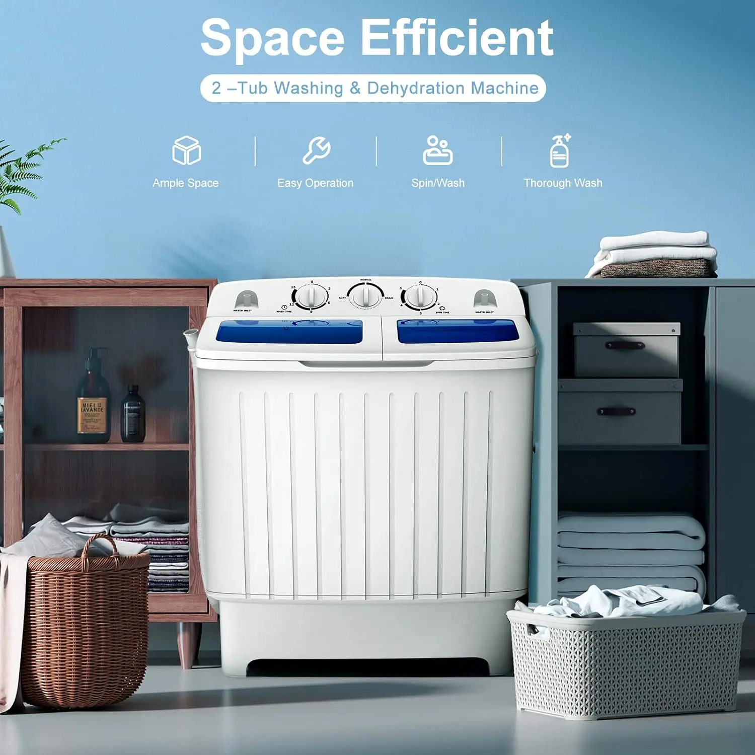 Lavadora de doble tina Costway - Capacidad de 9 kg (20 libras), diseño compacto
