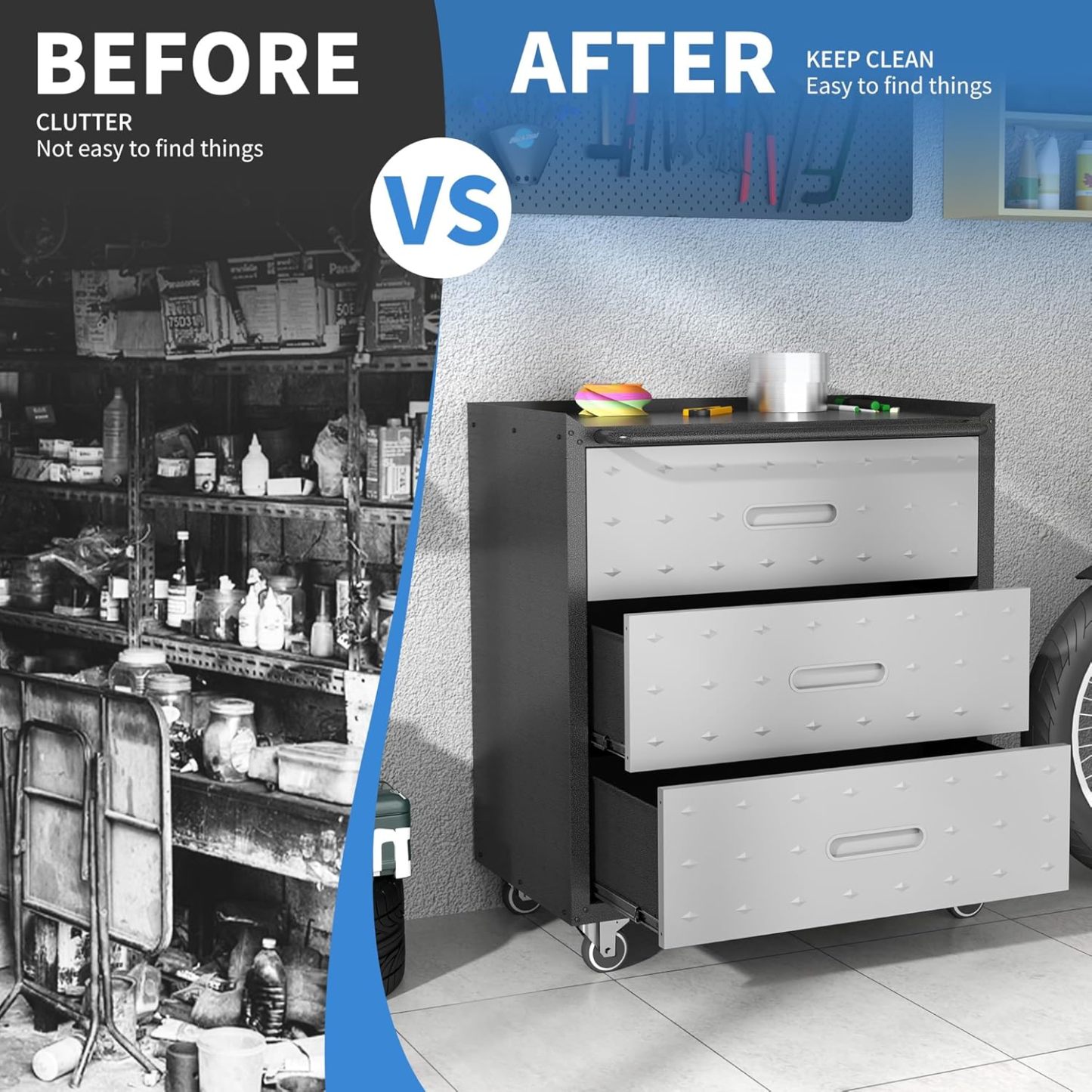 BIZOEIRON - clóset de almacenamiento de metal con ruedas, clóset de cochera con 1 puerta y 4 cajones, almacenamiento de herramientas rodantes, requiere montaje, color negro