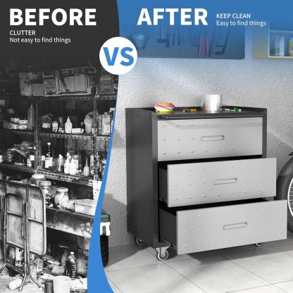 BIZOEIRON - clóset de almacenamiento de metal con ruedas, clóset de cochera con 1 puerta y 4 cajones, almacenamiento de herramientas rodantes, requiere montaje, color negro