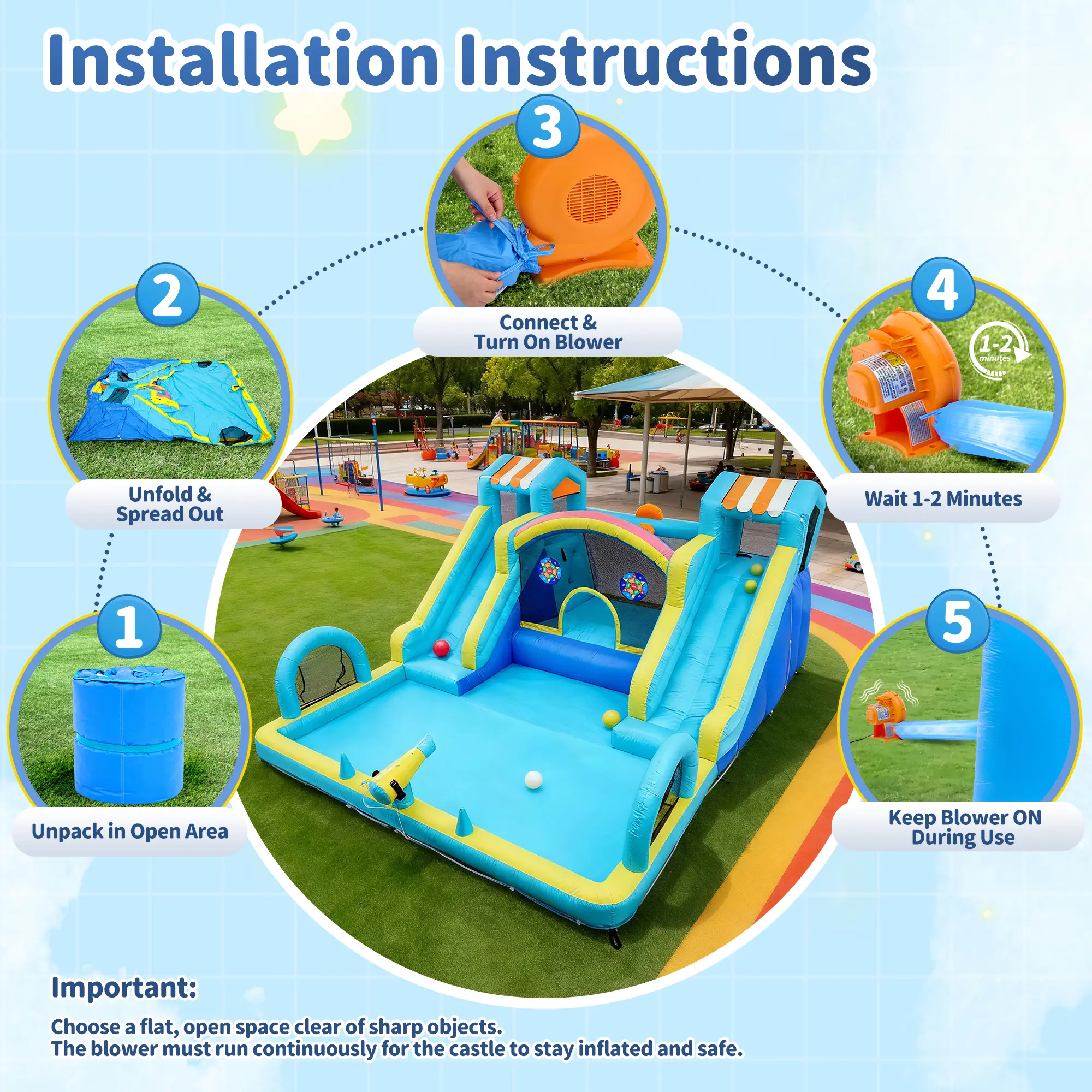 Tobogán acuático inflable con zona de saltos para niños: parque acuático y castillo hinchable de 15 x 12 pies para el jardín, con doble tobogán, piscina de chapoteo, canasta de baloncesto y soplador de alta resistencia; juguete de verano para exteriores.
