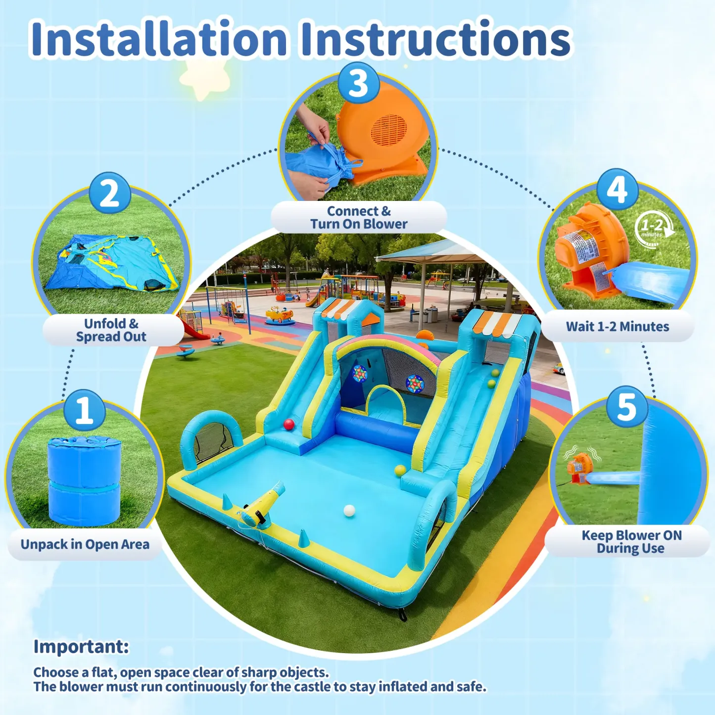 Tobogán acuático inflable con zona de saltos para niños: parque acuático y castillo hinchable de 15 x 12 pies para el jardín, con doble tobogán, piscina de chapoteo, canasta de baloncesto y soplador de alta resistencia; juguete de verano para exteriores.