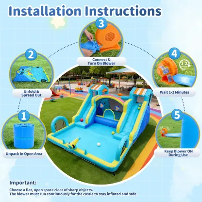 Tobogán acuático inflable con zona de saltos para niños: parque acuático y castillo hinchable de 15 x 12 pies para el jardín, con doble tobogán, piscina de chapoteo, canasta de baloncesto y soplador de alta resistencia; juguete de verano para exteriores.