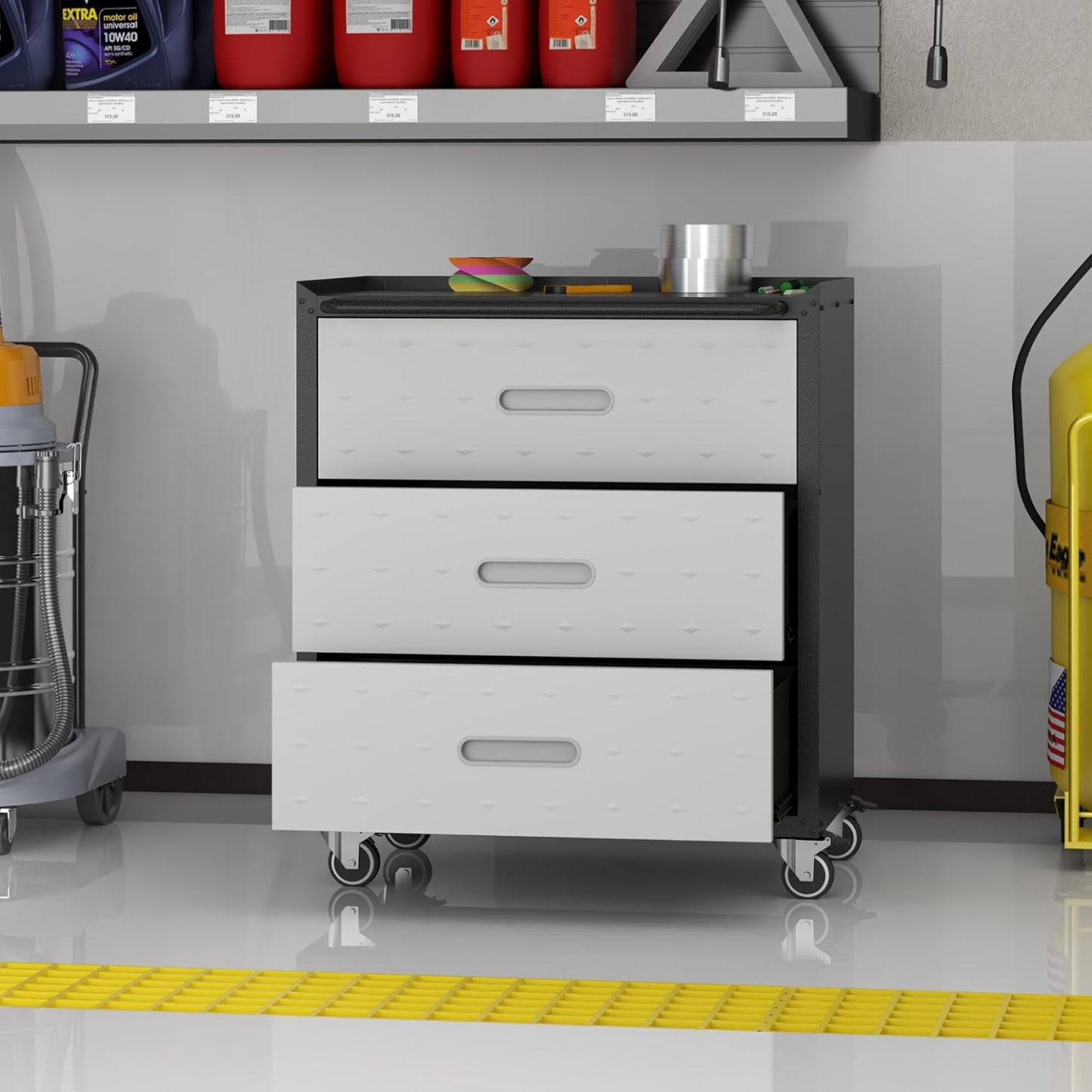 BIZOEIRON - clóset de almacenamiento de metal con ruedas, clóset de cochera con 1 puerta y 4 cajones, almacenamiento de herramientas rodantes, requiere montaje, color negro