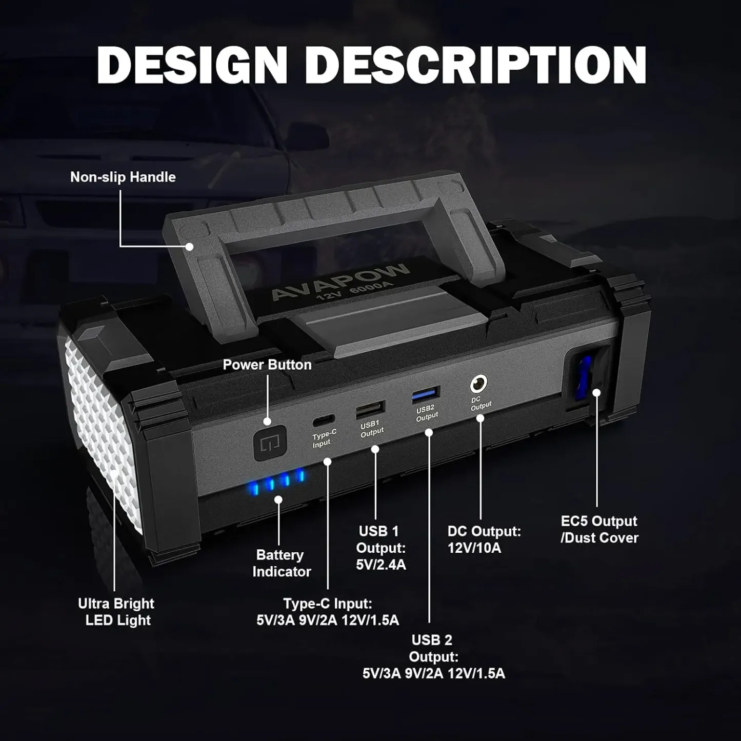 Arrancador de coche AVAPOW 6000A (para todos los vehículos de gasolina/hasta 12 L de diésel), batería externa, carga rápida USB dual, CA/CC, arrancador de 12 V con luz LED brillante integrada.