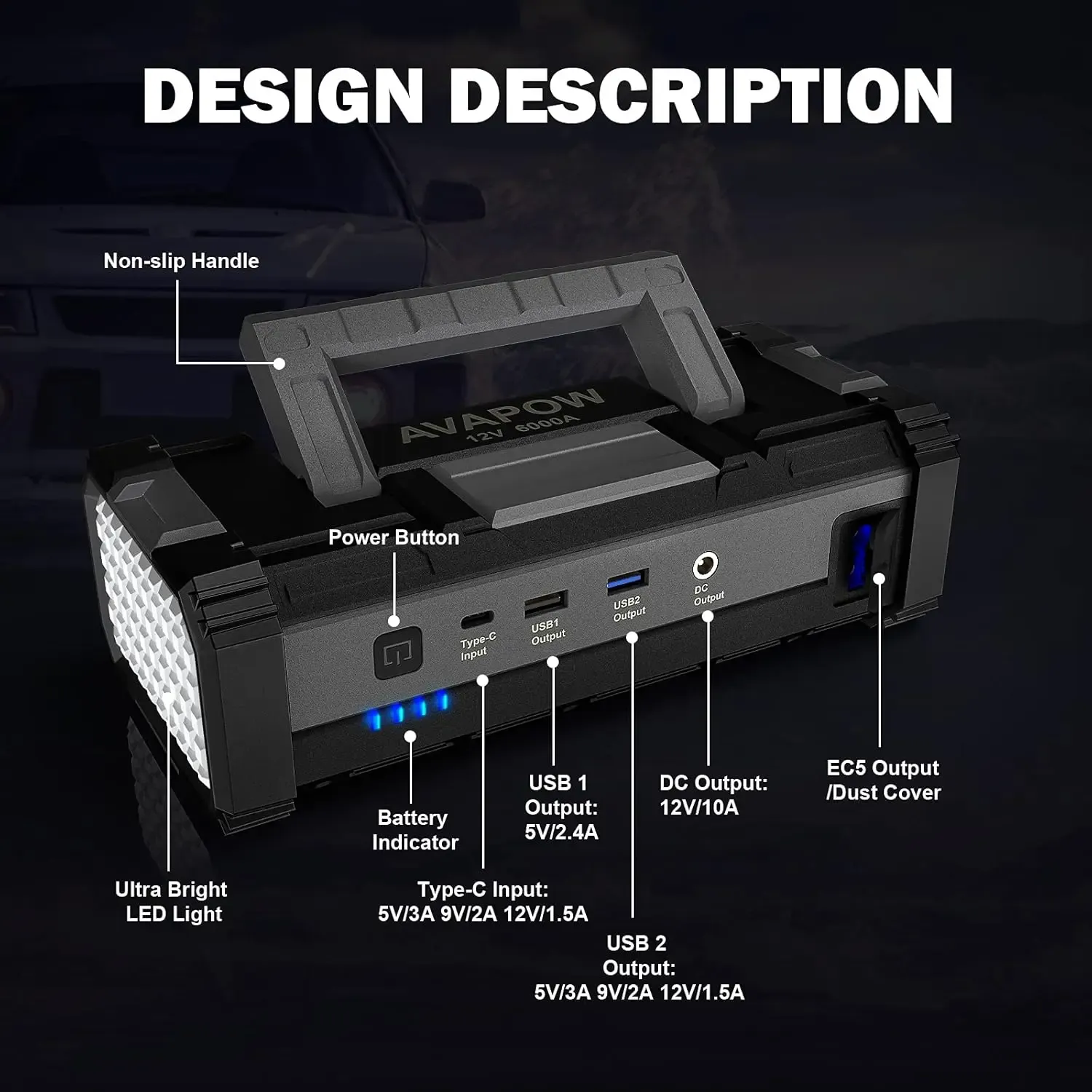 Arrancador de coche AVAPOW 6000A (para todos los vehículos de gasolina/hasta 12 L de diésel), batería externa, carga rápida USB dual, CA/CC, arrancador de 12 V con luz LED brillante integrada.