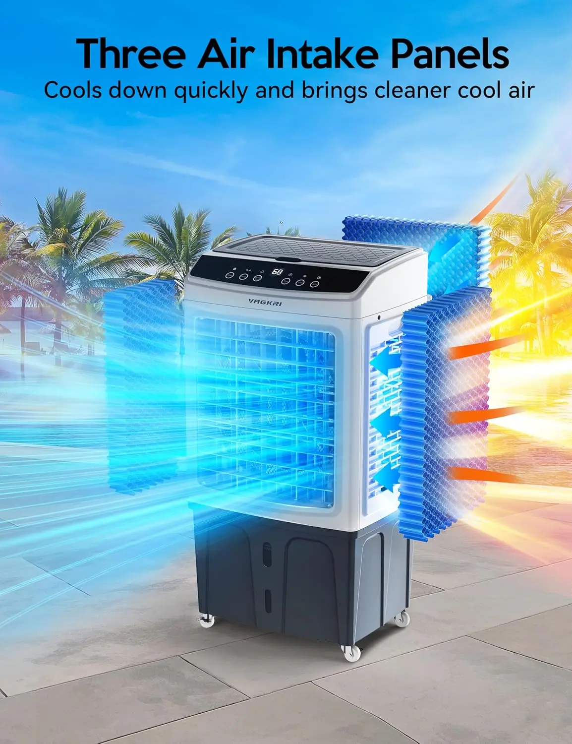 Enfriador de aire evaporativo VAGKRI de 35", 2100-3000 CFM, enfriador de aire con oscilación de 120°, control remoto, temporizador de 24 horas, 3 modos y velocidades de viento para uso en interiores y exteriores.