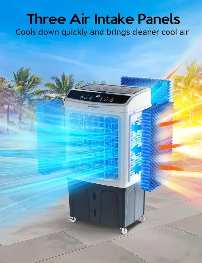 Enfriador de aire evaporativo VAGKRI de 35", 2100-3000 CFM, enfriador de aire con oscilación de 120°, control remoto, temporizador de 24 horas, 3 modos y velocidades de viento para uso en interiores y exteriores.