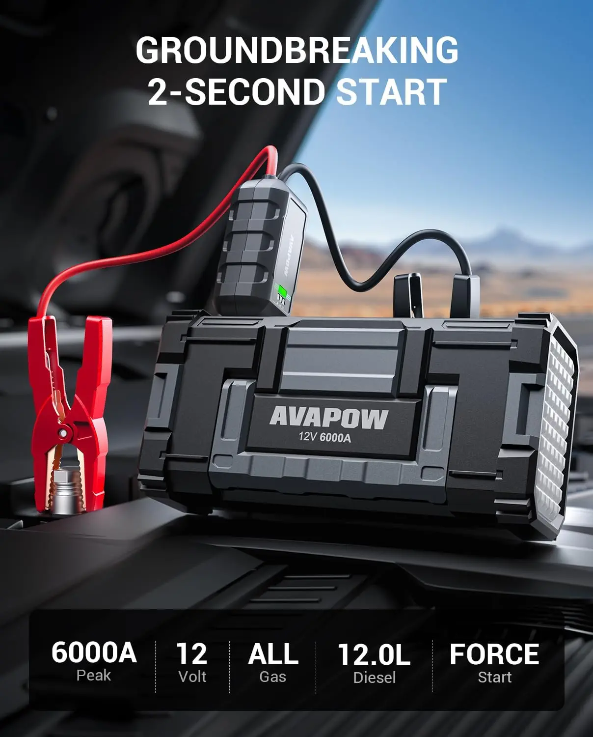 Arrancador de coche AVAPOW 6000A (para todos los vehículos de gasolina/hasta 12 L de diésel), batería externa, carga rápida USB dual, CA/CC, arrancador de 12 V con luz LED brillante integrada.