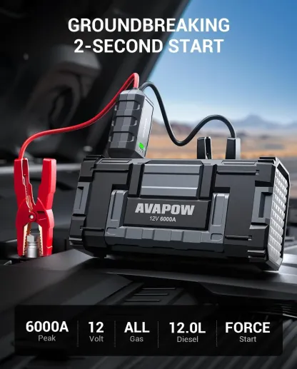 Arrancador de coche AVAPOW 6000A (para todos los vehículos de gasolina/hasta 12 L de diésel), batería externa, carga rápida USB dual, CA/CC, arrancador de 12 V con luz LED brillante integrada.