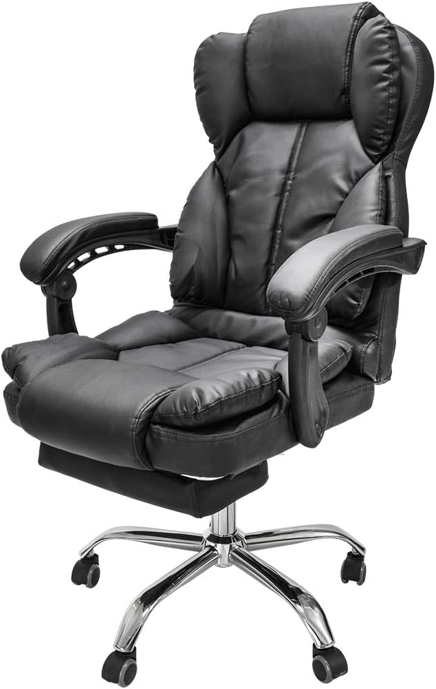 TOPLIVING Silla Ejecutiva de Oficina, Tipo Piel, Silla Gamer o Silla de Director, con Reposapies Integrado, Respaldo Reclinable y Base Giratoria, Super Acolchada, Color Negro