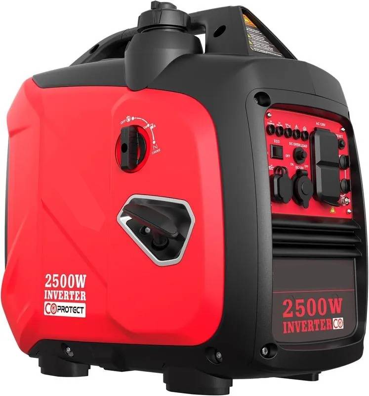 Generador de gasolina de 2500 W con inversor (a prueba de tormentas), generador portátil de 17,7 kg (39 lb), adecuado para vehículos recreativos, admite conexión en paralelo, diseño silencioso, adecuado para uso familiar y campamento, bajo consumo de comb