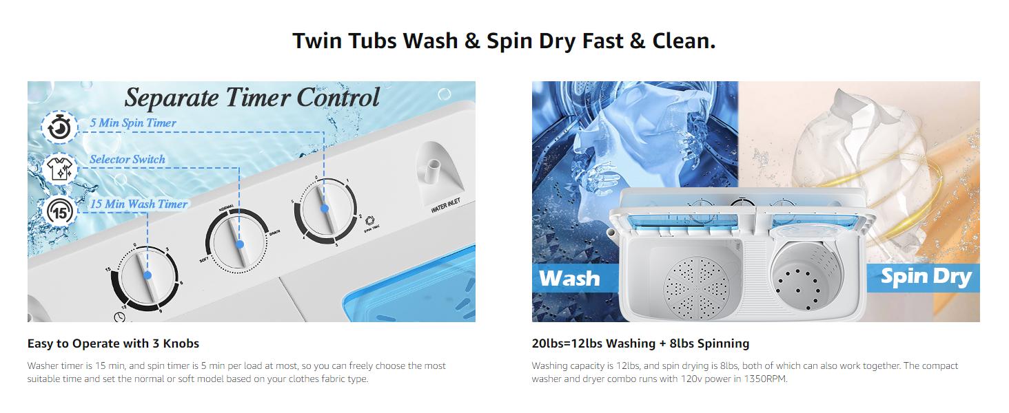 [Large Capacity] COSTWAY Portable Washing Machine, 26/20/17.6/13lbs Twin Tub Washing Machine w/Drain Pump, Semi Automatic Compact Washer & Sipnner, Portable Washer Dryer Combo for Apartments Dorms RV Camping,4th of july decor, dad gift