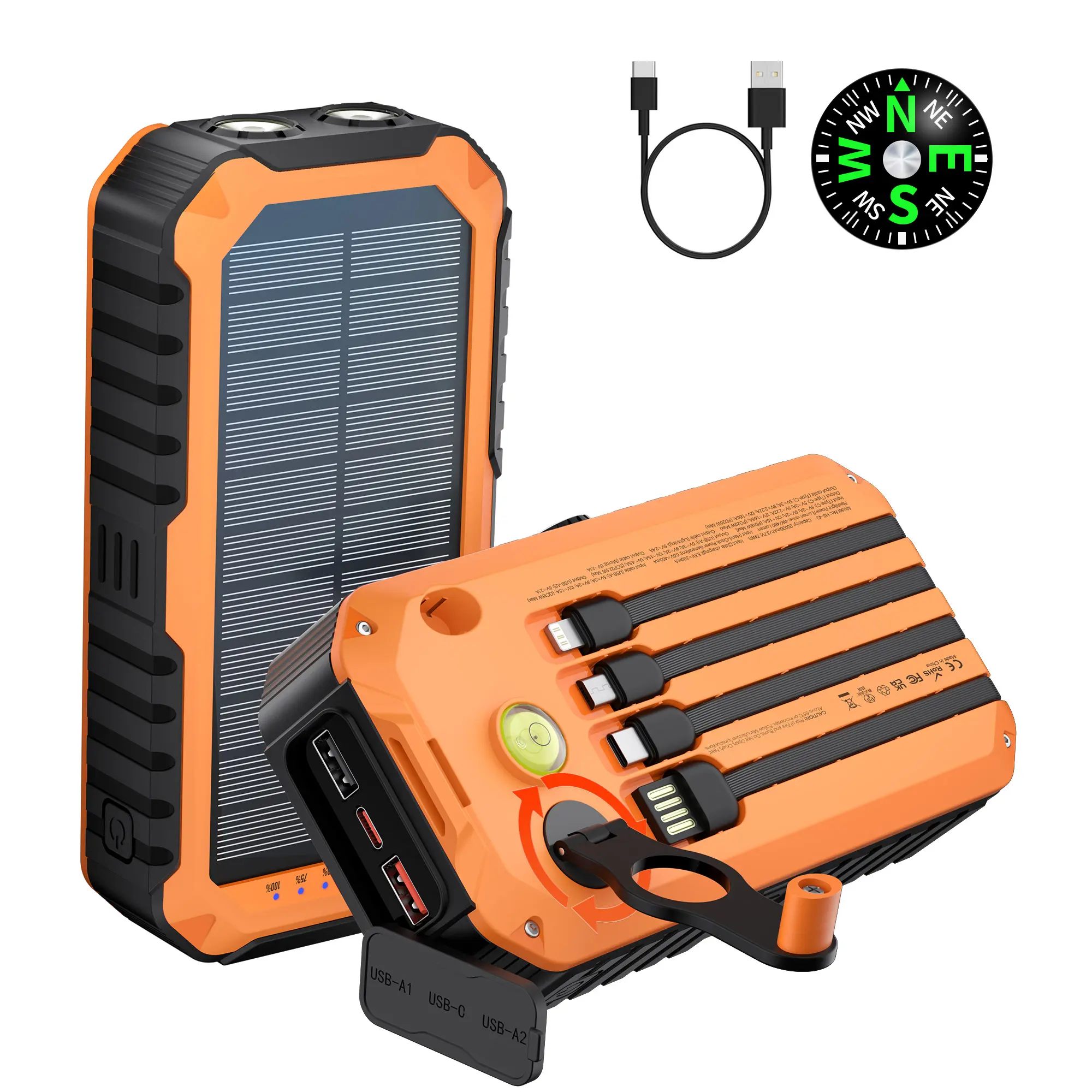 Batería externa Diamuar Solar Charger Power Bank de 40000 mAh con 4 cables y manivela integrados, cargador portátil de 22,5 W de carga rápida con 6 salidas y 4 entradas, linterna brillante y brújula.