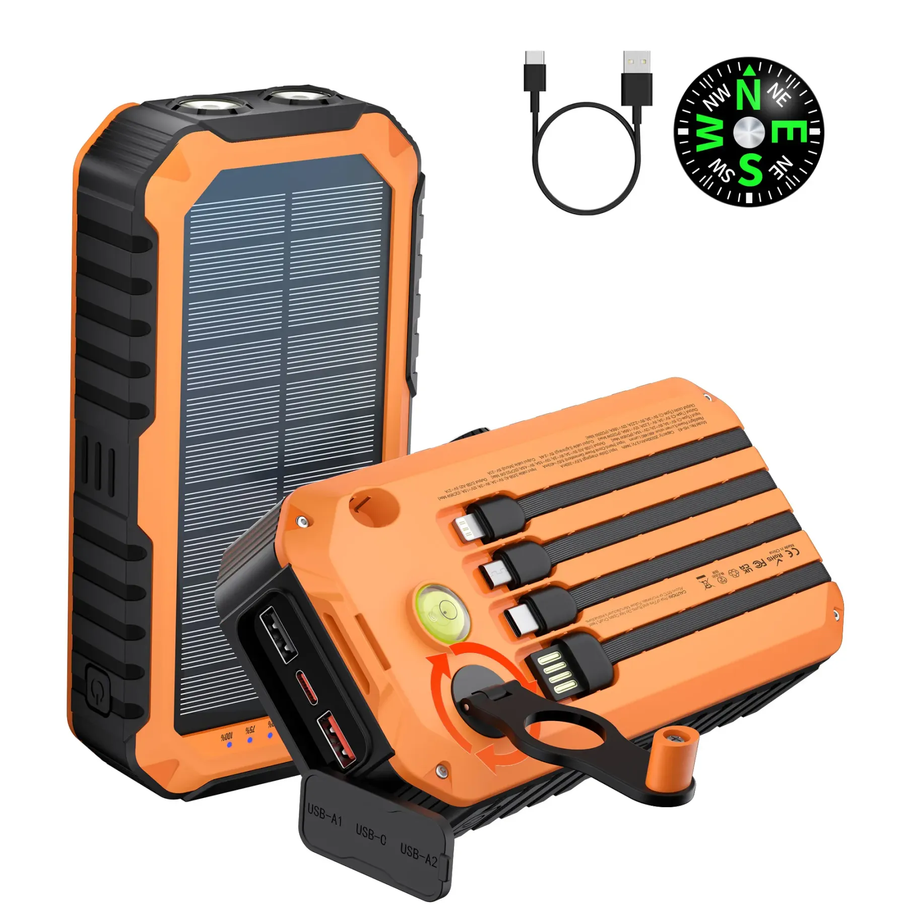 Batería externa Diamuar Solar Charger Power Bank de 40000 mAh con 4 cables y manivela integrados, cargador portátil de 22,5 W de carga rápida con 6 salidas y 4 entradas, linterna brillante y brújula.