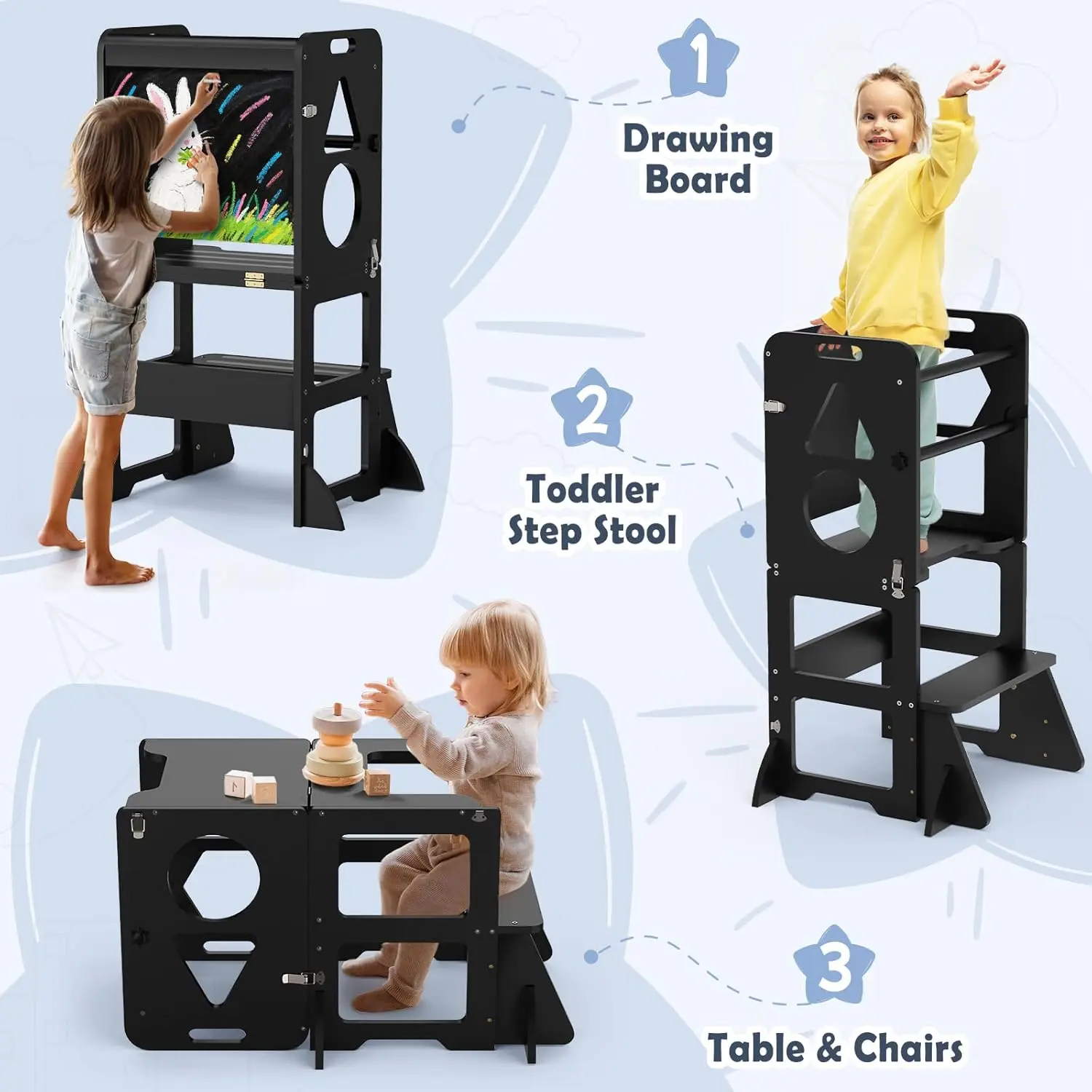 Torre de aprendizaje plegable WOODURE 4 en 1 (taburete de cocina) con pizarra para niños de 1 a 3 años