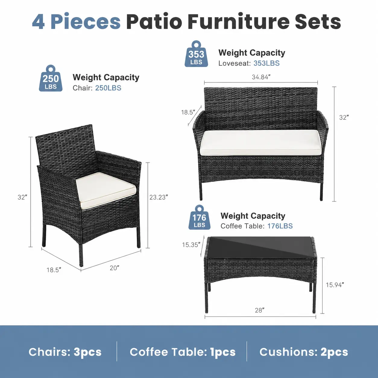 【Ofertas para ti】 Juego de muebles de patio de 3 o 4 piezas, muebles de exterior de ratán sintético (PE) con mesa de centro y cojines lavables; conjunto compacto tipo bistró ideal para balcones, jardines y zonas de piscina.
