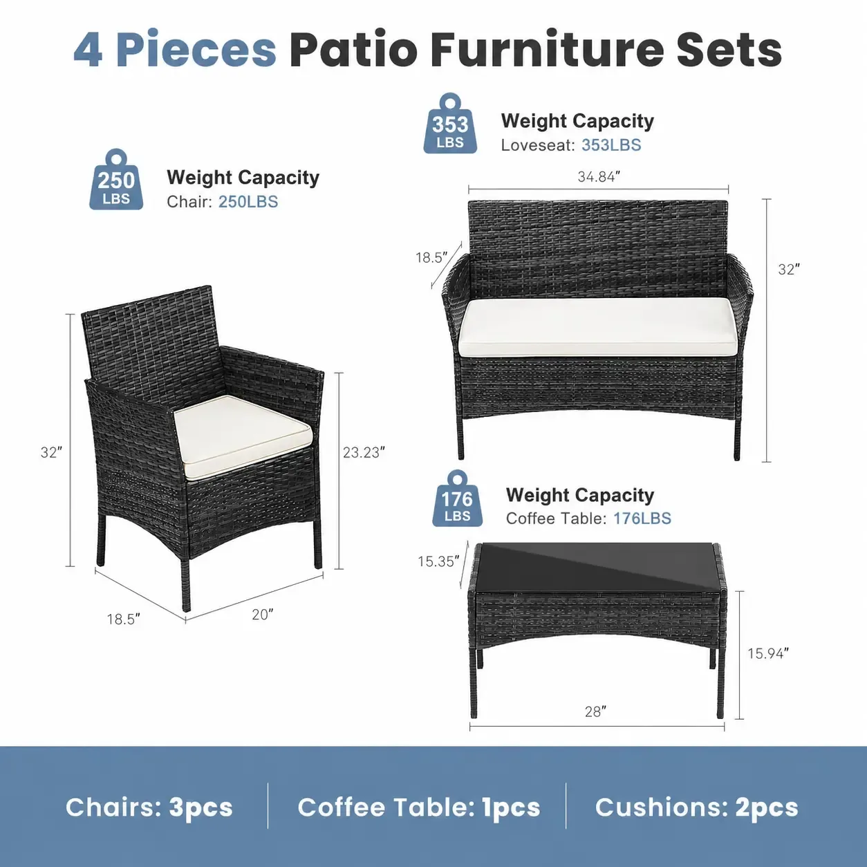 【Ofertas para ti】 Juego de muebles de patio de 3 o 4 piezas, muebles de exterior de ratán sintético (PE) con mesa de centro y cojines lavables; conjunto compacto tipo bistró ideal para balcones, jardines y zonas de piscina.