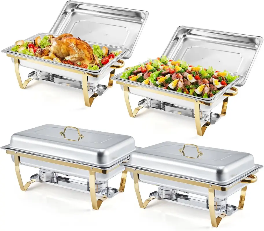 Juego de 8 recipientes rectangulares de acero inoxidable para mantener la comida caliente, ideales para catering.