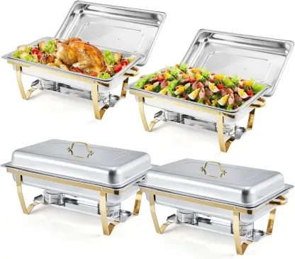 Juego de 8 recipientes rectangulares de acero inoxidable para mantener la comida caliente, ideales para catering.