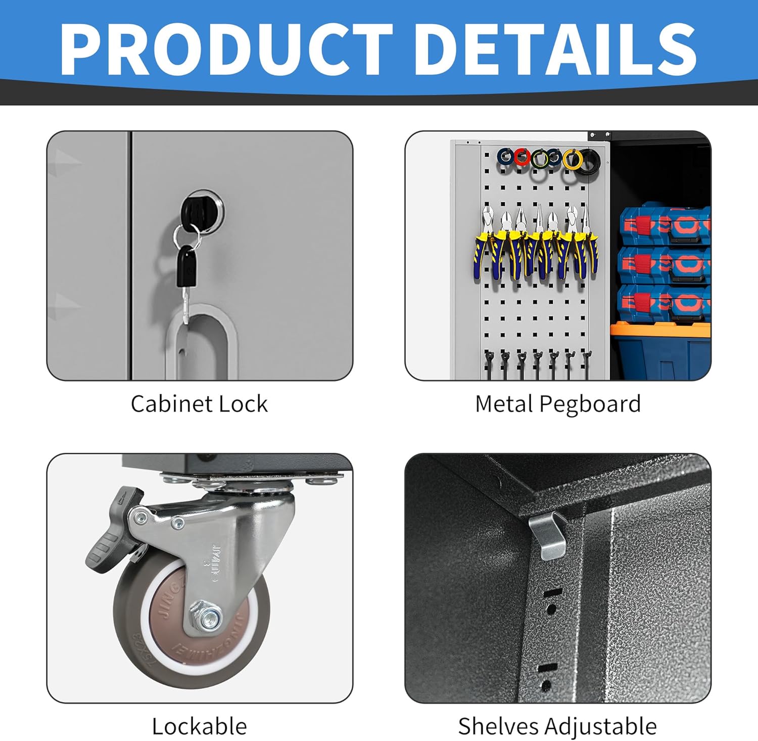 BIZOEIRON - clóset de almacenamiento de metal con ruedas, clóset de cochera con 1 puerta y 4 cajones, almacenamiento de herramientas rodantes, requiere montaje, color negro