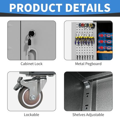 BIZOEIRON - clóset de almacenamiento de metal con ruedas, clóset de cochera con 1 puerta y 4 cajones, almacenamiento de herramientas rodantes, requiere montaje, color negro