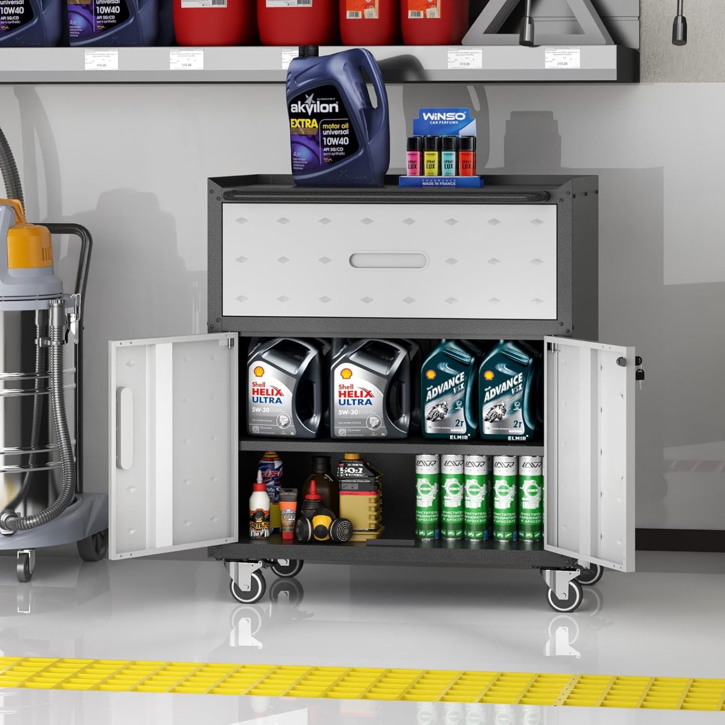 BIZOEIRON - clóset de almacenamiento de metal con ruedas, clóset de cochera con 1 puerta y 4 cajones, almacenamiento de herramientas rodantes, requiere montaje, color negro