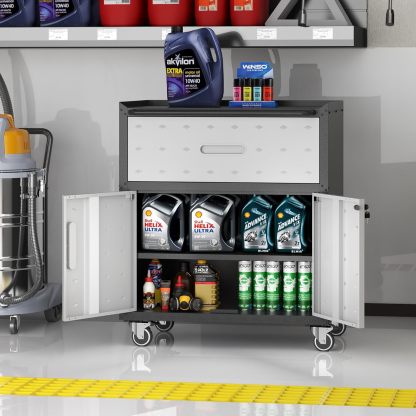 BIZOEIRON - clóset de almacenamiento de metal con ruedas, clóset de cochera con 1 puerta y 4 cajones, almacenamiento de herramientas rodantes, requiere montaje, color negro