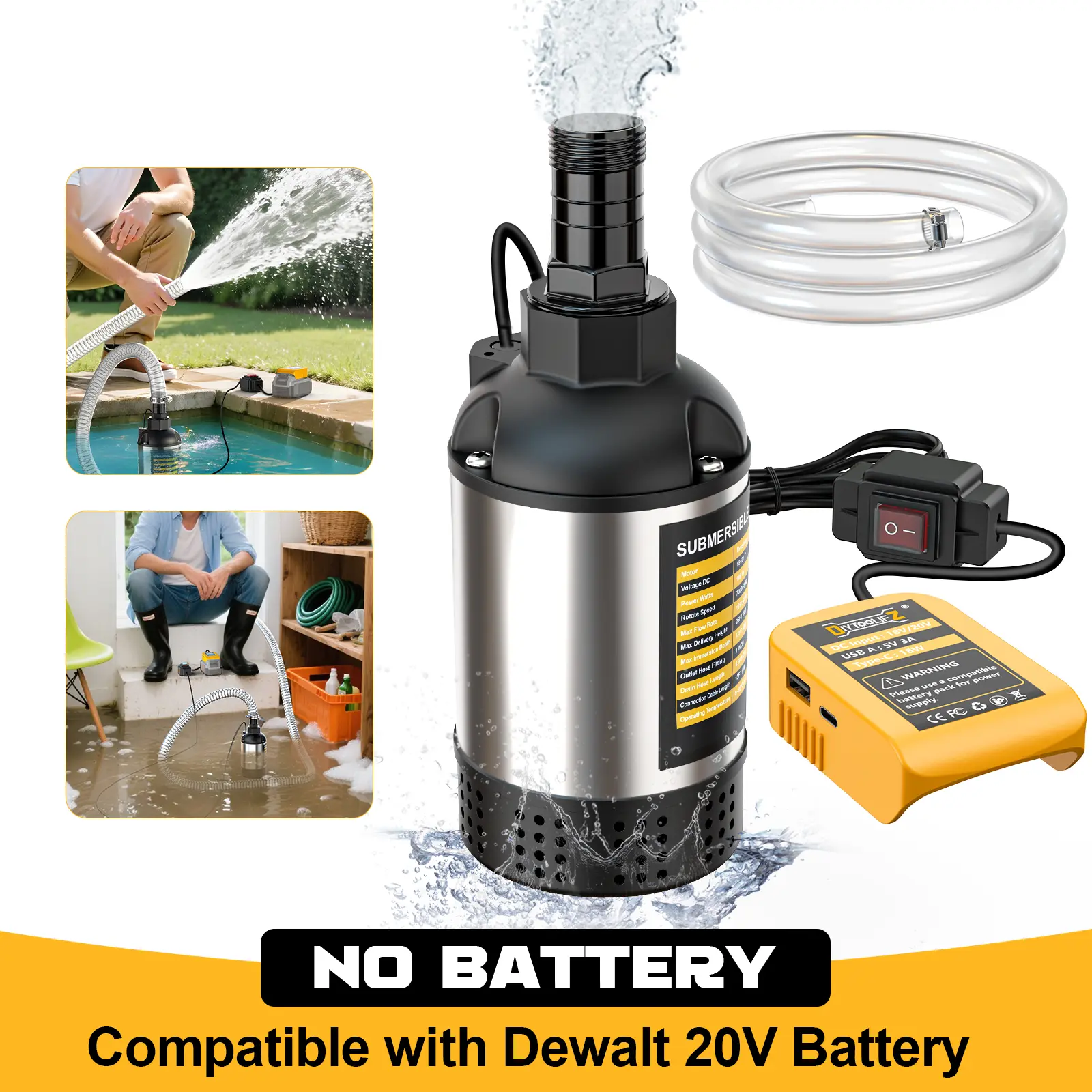 Bomba de agua sumergible inalámbrica para DeWalt 20V - 1268 GPH