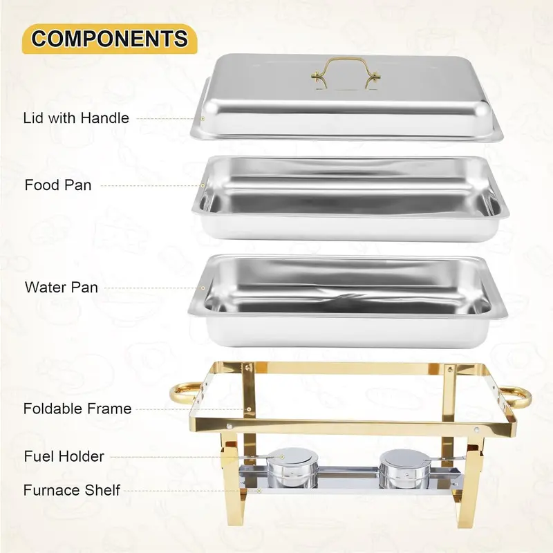 Juego de 8 recipientes rectangulares de acero inoxidable para mantener la comida caliente, ideales para catering.