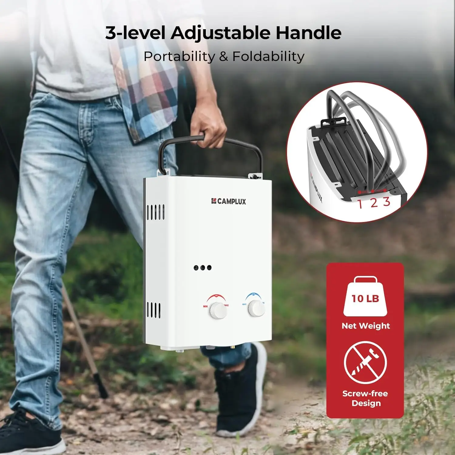 CAMPLUX Multifunction Compact Handheld Portable Tankless Water Heater - 1.32GPM On-Demand Hot Water, Low Pressure Start for Camping Shower, Outdoor RV Use