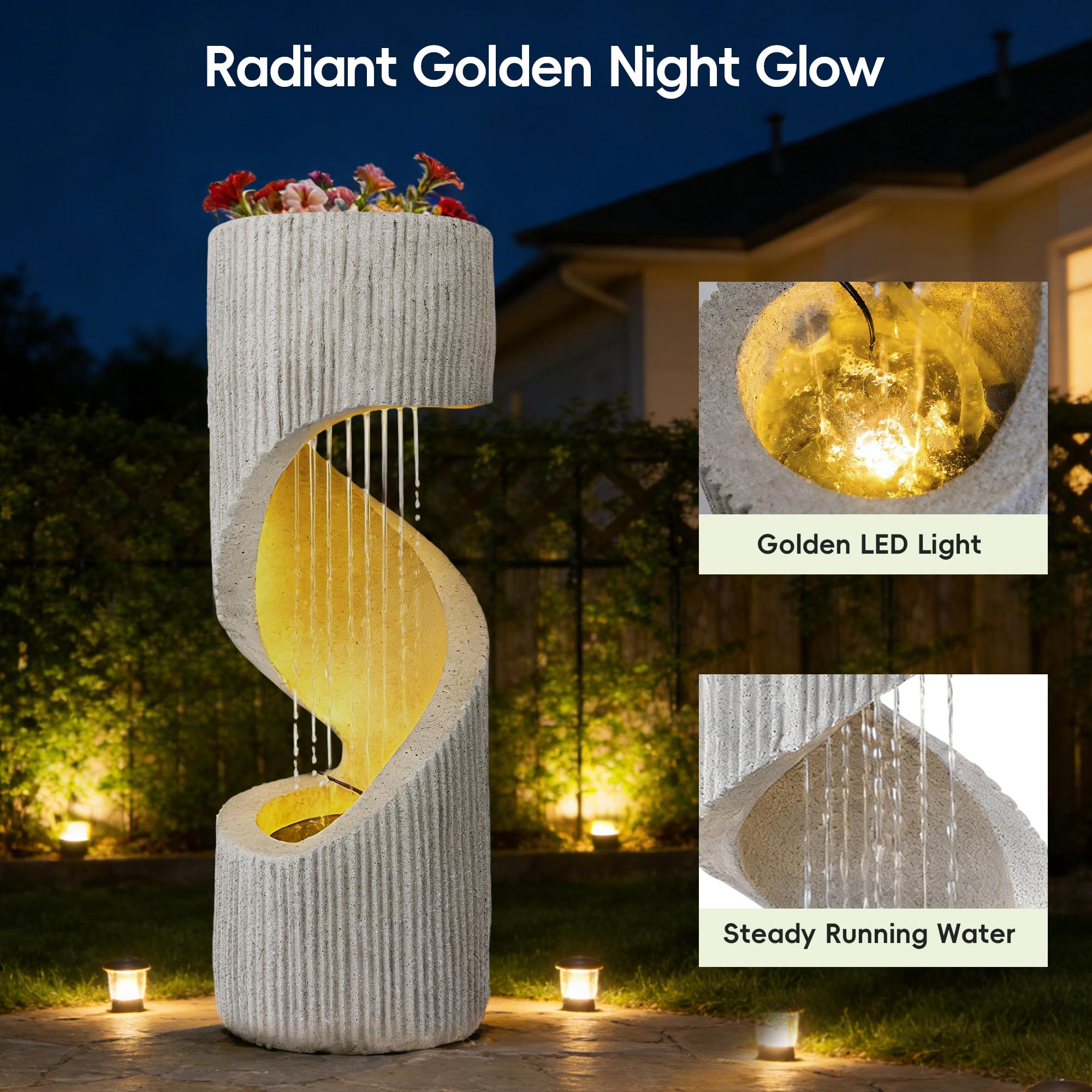 SOLVYA Modern Spiral Column Waterfall Fountain with LED for Garden Patio Decor