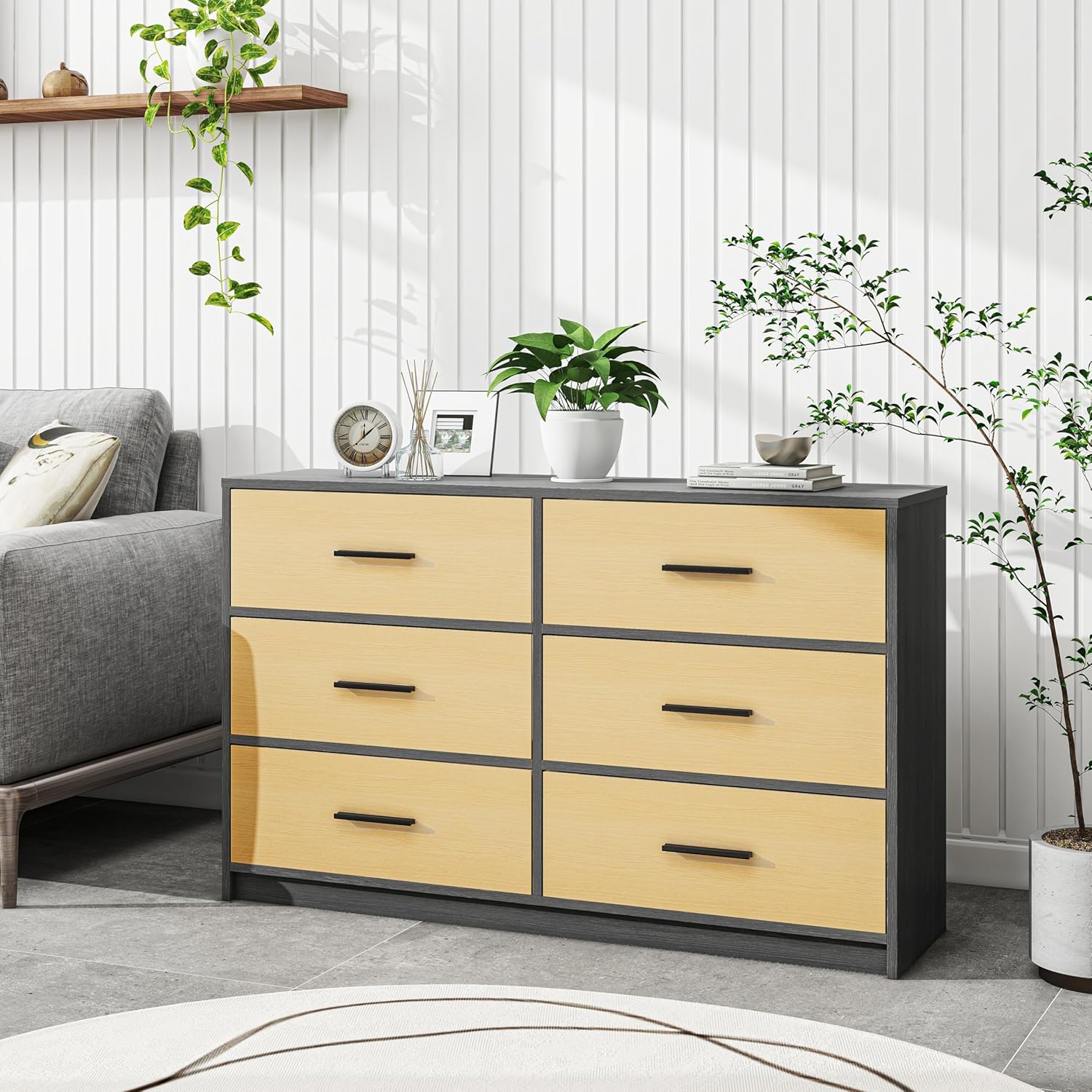 MU:4LIFE Cómoda Elegancia De 6 Cajones, Almacenamiento para Hogar Y Oficina, Organizador Cajonera De Estructura Madera y Cajones De Tela No Tejida y Cubiertas De MDF (Negro y Madera, 6 Cajones)